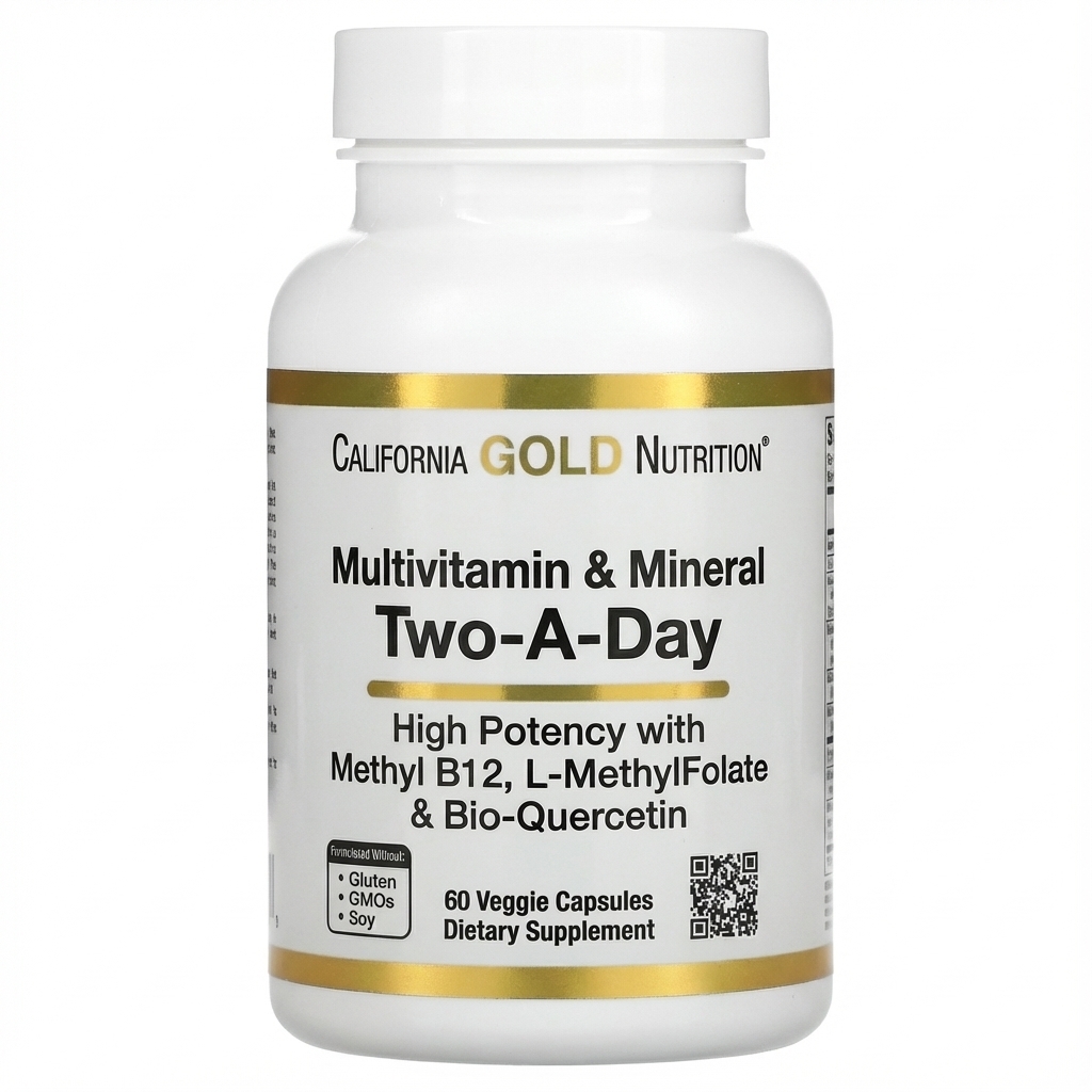 California Gold Nutrition, Multivitamin and Mineral with Methyl B12, Vitamin C, L-MethylFolate and Bio-Quercetin, Two-A-Day, 60 Veggie Capsules